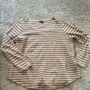 Lands' End Tan Striped 3/4 Sleeve Relaxed T-Shirt